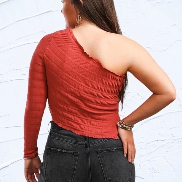 FREE PEOPLE Jasmine One Shoulder One Sleeved Asymmetrical Cotton Top/LG NWT - Picture 7 of 13